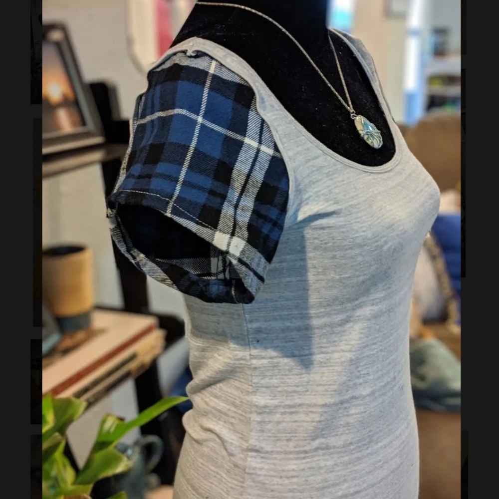 Upcycled tee with flannel sleeves
